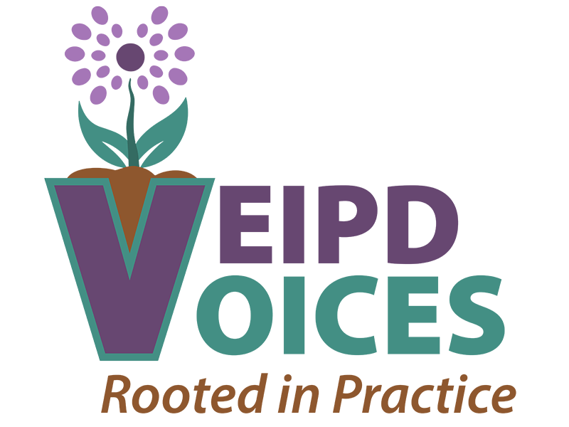 Logo for VEIPD Voices, has a picture of a potted flower.