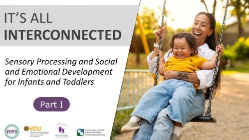 It's All Interconnected Part I: Sensory Processing and Social and Emotional Development for Infants and Toddlers – Webinar by Hutchinson & Kim. Logos displayed. Image: A woman laughs on a swing with a toddler in her lap.