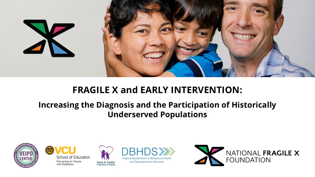 Fragile X & Early Intervention: Increasing the Diagnosis and Participation of Historically Underserved Populations – Webinar by Miller & Milunovich. Logos displayed. Image: A young boy sits between his parents, hugging the one on his right.